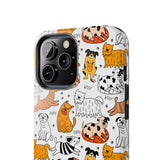 A premium quality dog cartoon printed tough iPhone case for iPhone 14 to iPhone 7. The case is made of durable Lexan plastic with a lay-flat bezel, flexible rubber liner, glossy finish, and UV protection. The case features a cartoon print of dogs laughing, making it a fun and stylish way to protect your phone.