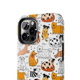 A premium quality dog cartoon printed tough iPhone case for iPhone 14 to iPhone 7. The case is made of durable Lexan plastic with a lay-flat bezel, flexible rubber liner, glossy finish, and UV protection. The case features a cartoon print of dogs laughing, making it a fun and stylish way to protect your phone.