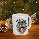 Fur Mom Mug right side on a table with fairy lights