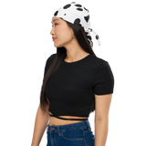 Stylish woman wearing the black & white camo bandana as a headband.