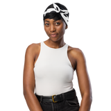 Stylish woman wearing the black & white camo bandana as a headband.