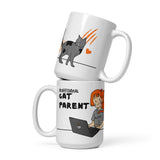 15Oz White ceramic coffee mug with "Funny Cat Parent" design showcasing playful cat illustrations.